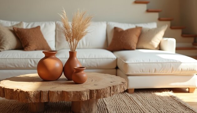 Cozy living room decor with a rustic wooden table terracotta vases and dried flowers. A white couch and neutral rug add to a warm earthy interior. Sun light and shadows creates a peaceful ambience.