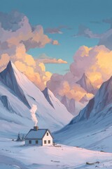 Snowy mountain landscape with a cozy cabin during sunset and colorful clouds in winter