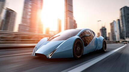 Modern electric car speeds through a futuristic city at sunset amidst towering buildings