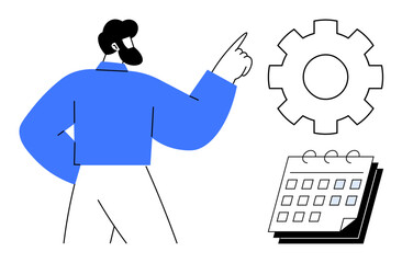 Man pointing at gear and calendar symbols representing planning, workflow management, productivity, organization, and goal setting. Ideal for teamwork, process, decision-making, time management