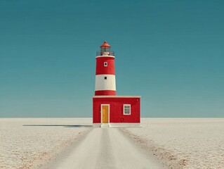 Bright red lighthouse stands alone in a vast, empty landscape under a clear blue sky