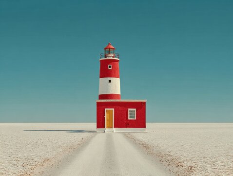 Bright red lighthouse stands alone in a vast, empty landscape under a clear blue sky - Powered by Adobe