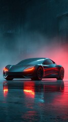 Modern electric car illuminated by neon lights in a rainy urban setting at night