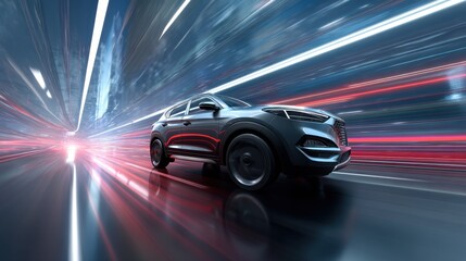Fast-moving car in a futuristic cityscape with glowing lights