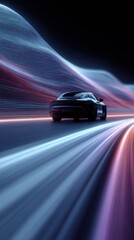 Modern electric car driving through futuristic neon light tunnel in a nighttime setting