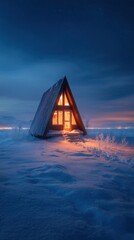 Stunning winter scene featuring a cozy cabin illuminated at night