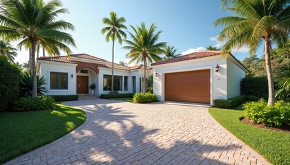Naklejka premium Modern home in tropical style with palms. Villa has driveway from bricks landscape design and garage. Summer vibes from resort with blue sky. Real estate in tropic region.