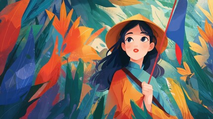 Young explorer holding a flag amidst colorful foliage in a vibrant jungle setting