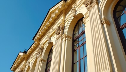 Facade of old creamy building with arched windows and columns under clear blue sky. Architectural details show classical style and ornate carvings. Building exterior elements.