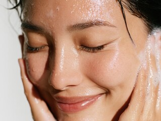 Woman enjoying a refreshing facial cleanse during a skincare routine at home