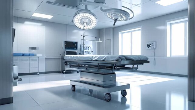 Modern Operating Room Interior with Surgical Lights and Empty Bed Ready for Procedure