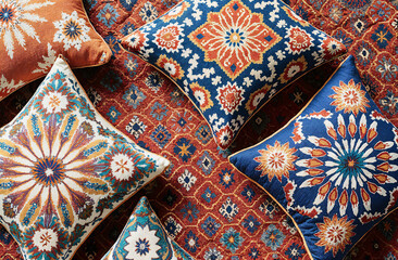 Almohadas decorativas marroqu&iacute;es sobre alfombra tradicional