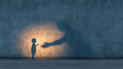 a small boy with a shadow on a wall. Next to his shadow is an adult shadow with it's hand on the little boys shadow.
