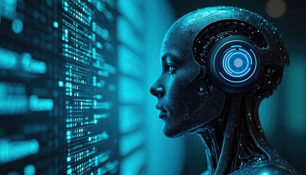 Futuristic robot head with mechanical details, glowing blue circuits. Artificial intelligence analyzes data on digital screen. Advanced tech, machine learning concept. Cybernetic processes - Powered by Adobe