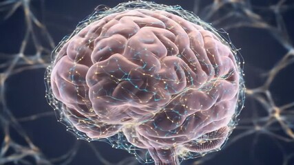 Detailed 3D animation of human brain with glowing neural network connections pulsing with electrical signals and synaptic activity in a rotating close-up scientific visualization - Powered by Adobe