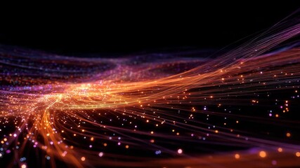 Exploding neon energy trails in vibrant orange, pink, and purple, sweeping across a dark background. The glowing lines burst outward like an energetic wave, resembling digital data streams or urban  - Powered by Adobe