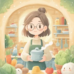 Chef preparing a healthy meal in a cozy kitchen with fresh vegetables and a steaming pot