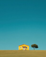Bright yellow house stands alone on green hill under clear blue sky