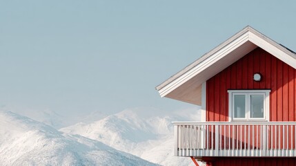 Mountain cabin with red exterior stands against a snow-covered landscape and clear blue sky