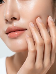 Close-up view of a womans face showcasing natural beauty and healthy skin glow
