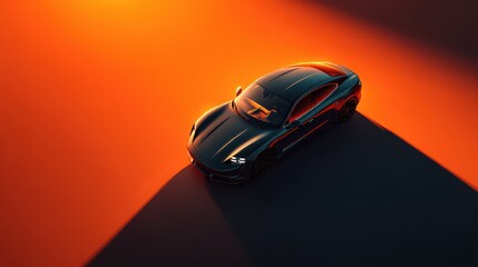 Stylish black car parked under an orange sunset casting vibrant shadows on the ground