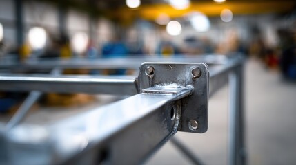 Medium shot of a metal table being assembled focusing on intricate welded joints and clean lines with a softfocus industrial backdrop.
