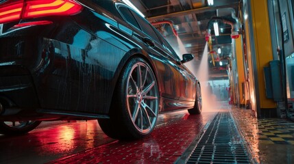 Technology, Automatic car wash machine in action. Car going through an automated wash. High-pressure water spray in the wash machine. Dotted with soap suds. Tunnel Wash Automatic Car.
