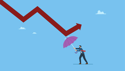 Businessman holding strong umbrella to recover red arrow economic graph. Economic recovery from crisis, business protection or stock market bounce back from recession.