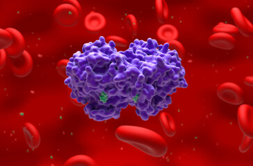 Paracetamol bound to COX-2 enzyme - closeup view 3d illustration