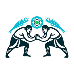 Obraz premium Kazakh Kures Wrestling Illustration, Belt Gripping Kures Wrestling Kazakhstan Two wrestlers gripping each other’s belts