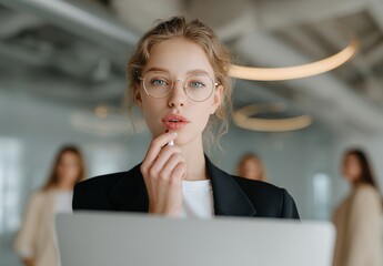 Professional woman with glasses applying lipstick near laptop in modern office, multitasking and self-care concept, natural workplace scene for beauty industry content, corporate diversity features, a