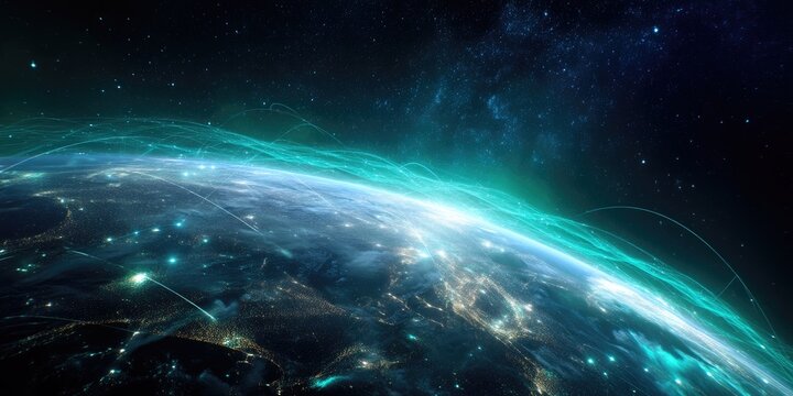 A digital rendering of Earth from space with glowing network - Powered by Adobe