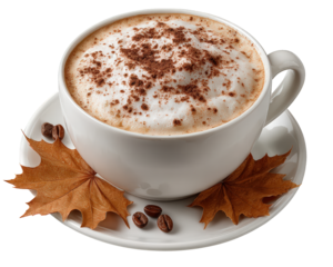 Warm cappuccino coffee in cup with milk foam and cocoa powder. cozy autumn drink on saucer with dry maple leaf, perfect for relaxing morning break