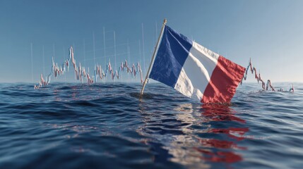 French flag waving over water with trading graph in background during clear day at sea