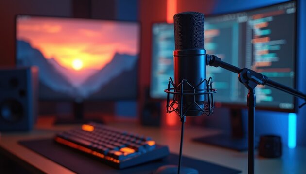 Podcast studio setup with dual computer monitors displaying code and sunset landscape. Condenser microphone and illuminated keyboard on desk. Ambient lighting creates atmosphere.