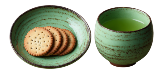Circular Bowl with Green Glaze and Cookies on Isolated Transparent Background