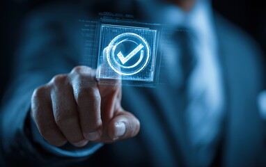 ​Finger Tapping on Holographic Checkmark Icon, Approval Verification and Digital Confirmation, Futuristic UI/UX Interface