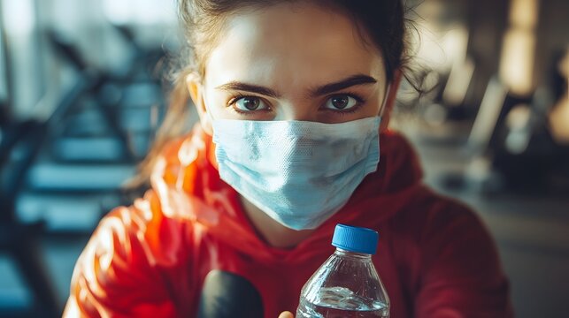 Closeup Woman Gym Workout Mask Water Bottle