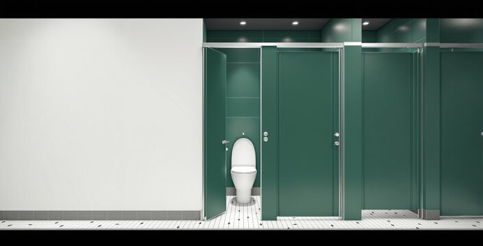 Clean interior of public restroom with green stalls and blank white wall for poster mockup or branding display concept template layout design idea. Ai generative