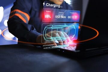 Electric vehicle concept with the engineer monitoring life time of EV car battery and charging on virtual screen  represent to preventive maintenance