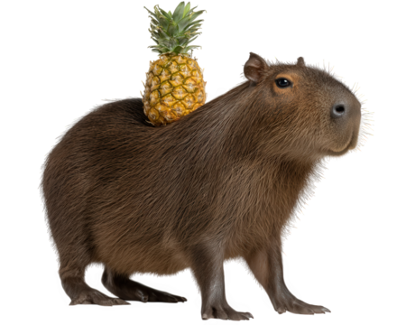 Calm brown capybara balancing yellow pineapple on its back. quirky humorous concept of South American animal mammal with tropical fruit isolated on white