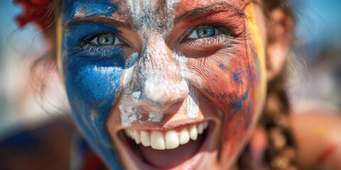 Naklejka premium Vibrant celebration of joy with face paint during festival in sunny outdoor setting