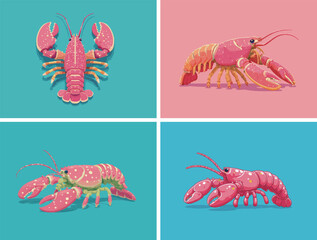 Four detailed illustrations showcase different types of lobsters. Each lobster is presented on a unique colorful background, highlighting their distinct features and colors.