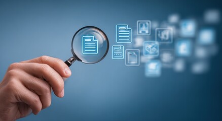 Magnifying Glass Inspecting Document Icon, Symbolizing Data Search, Information Verification and Detailed Analysis for Research and Business Decision Concept