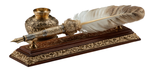 Elegant Antique Quill Pen with Ink Pot on Ornate Wooden Stand Isolated on White