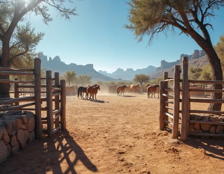 Horses stand in a dusty corral on a sunny day. Rugged mountains form a backdrop to this arid desert ranch scene. Wooden fences enclose the animals.