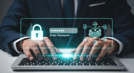 a businessman in suit typing on laptop, . A glowing holographic interface floats above, showing a padlock icon, password entry bar, and secure digital files, symbolizing cybersecurity, encrypted acces