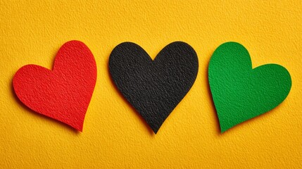 Obraz premium Three paper hearts in red, black, and green colors arranged on a vivid yellow vertical surface, representing inclusivity and diversity related to Juneteenth