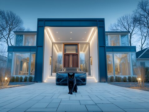 Black cat silhouette at twilight in front of glass house with parked car, modern architecture scene blending nature and design, great for magazine cover, blog header, social media post or poster