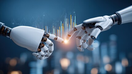 ​Futuristic Robotic Hands Interaction, two precise mechanical arms with glowing energy point between fingertips, set against blurred cityscape and data graphs for automation and AI technology concepts